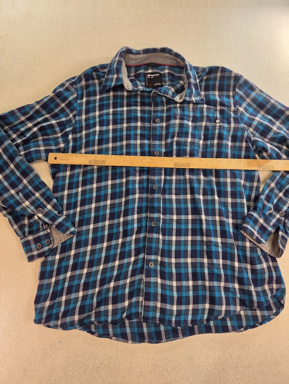 Marmot Mens Flannel Shirt XL Blue Teal Plaid Midweight Cotton Gorpcore Hiking - Picture 4 of 9